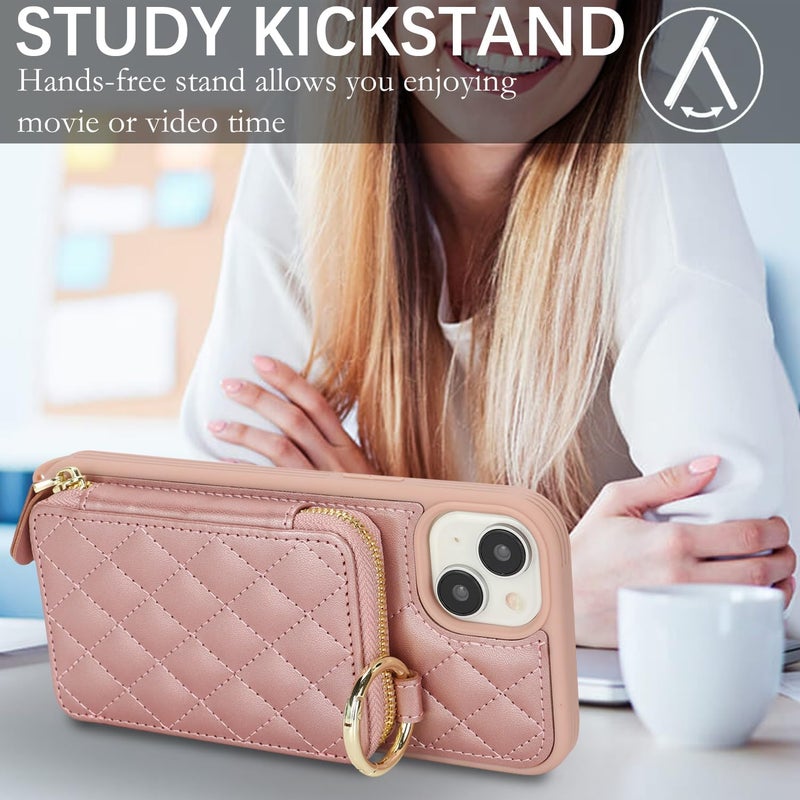 Hamany Crossbody Wallet Case for iPhone 15, PU Leather Zipper Handbag Purse Flip Cover, Kickstand Folio Case with Card Slots Holder Wrist Strap Lanyard 5G 6.1 Inch-Rose Gold - Image 4